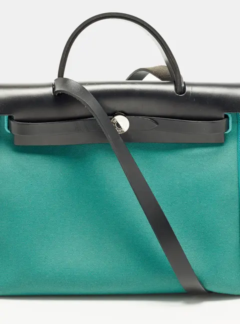 Herm&egrave;s Herbag Zip 31 Malachite/Noir Militaire Toile and Vache Hunter Top Handle Bag
