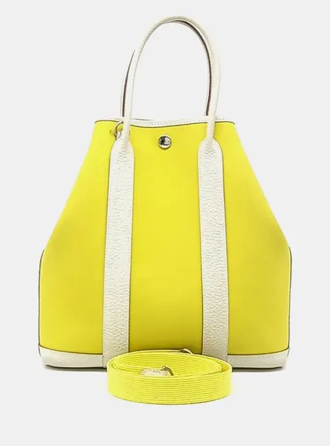 Hermes Garden File 28 Yellow Canvas Off-White Togo Calfskin Leather Top Handle Bag