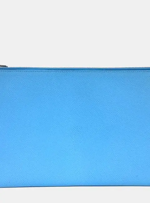 Hermes Flat Pouch Blue Epsom Leather Clutch Bag