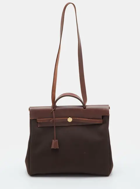Hermes Herbag 39 Chocolate/Terre Toile and Vache Leather Top Handle Bag
