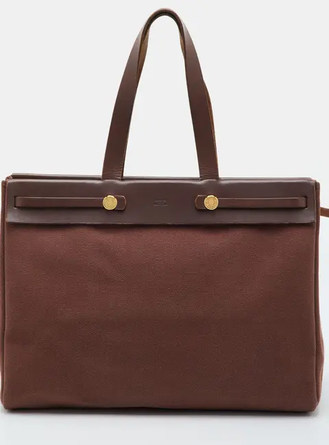 Herm&egrave;s Hunter Herbag MM Terre Toile Canvas and Vache Cabas Bag