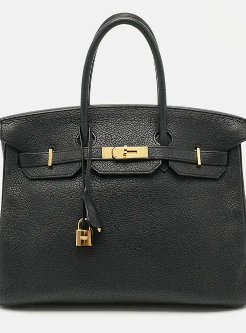 Herm&egrave;s Birkin 35 Gold Finish Black Fjord Leather Tote