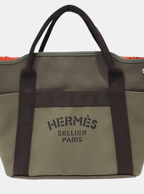Hermes Sac De Pansage Groom Small Olive Green Brown Canvas Top Handle Bag
