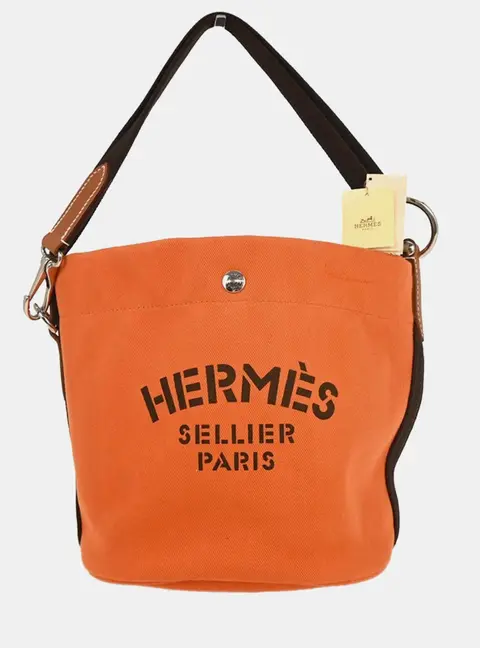 Hermes Orange Toile Chevron Sac de Pansage Bucket Shoulder Bag