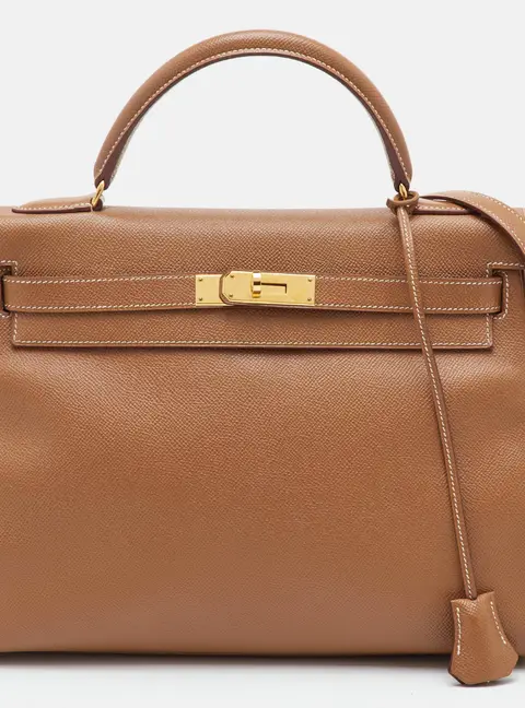 Hermes Kelly 32 Retourne Gold Finish Gold Courchevel Leather Top Handle Bag