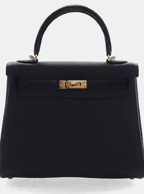 Hermes Kelly 25 Noir Togo Calfskin Leather Lizard Skin Top Handle Bag
