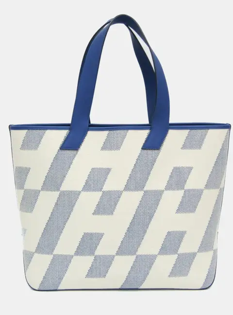 Hermes Ambie GM Blue/Off-White Toile H & Swift Leather Tote Bag