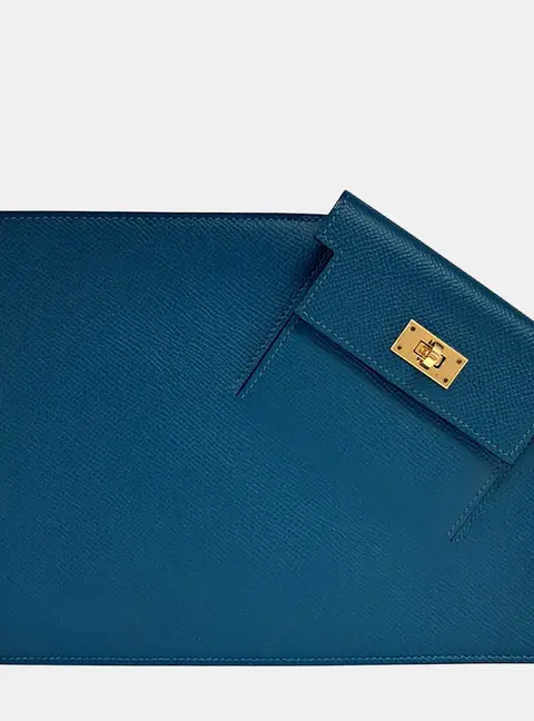 Hermes Kelly Pocket To Go Blue Epsom Calfskin Leather Pochette Bag