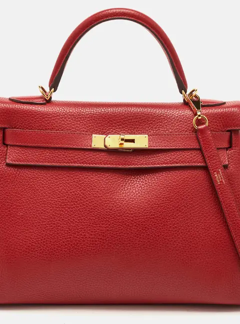 Herm&egrave;s Kelly Retourne 32 Gold Finish Rouge Casaque Clemence Leather Top Handle Bag