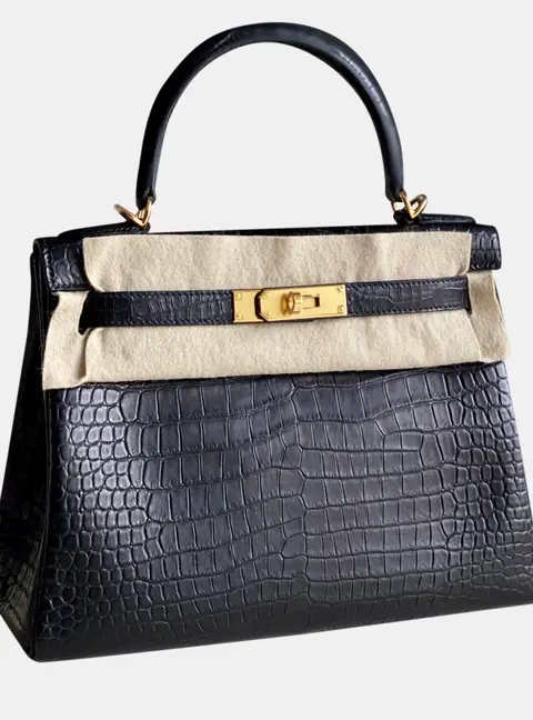 Hermes Kelly 28 Black Matte Porosus Crocodile Top Handle Bag