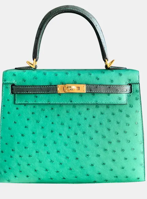 Hermes Kelly 25 Vert Criquet Vert Titien Ostrich Leather Top Handle Bag