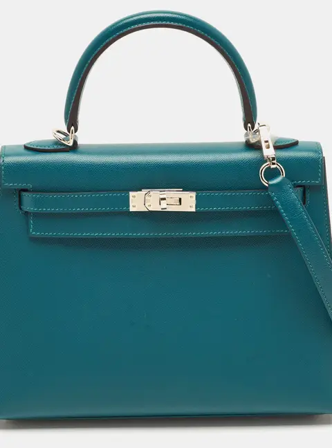 Hermes Kelly Sellier 25 Palladium Finish Vert Bosphore Madame Leather Top Handle Bag