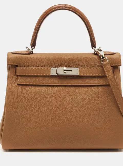 Herm&egrave;s Kelly Retourne Touch 28 Palladium Finish Gold Matte Alligator and Togo Leather Top Handle Bag
