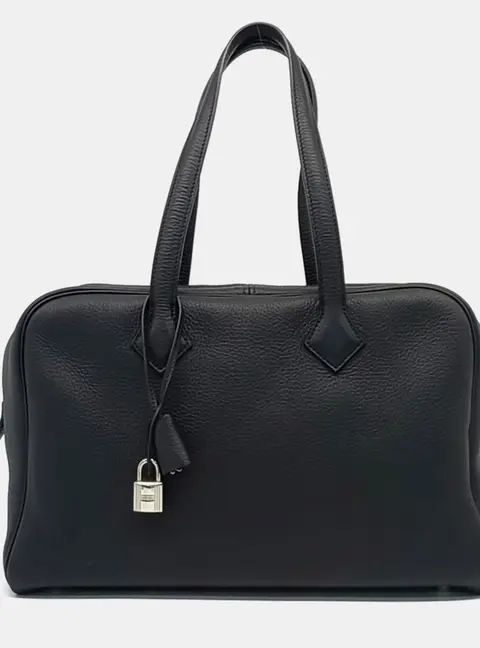 Hermes Victoria II 35 Black Clemence Calfskin Leather Satchel Bag