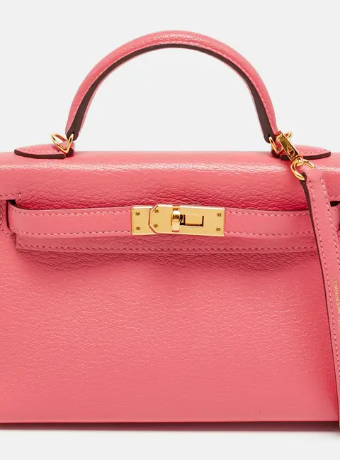 Hermes Kelly II Sellier Mini 20 Gold Finish Rose Azalee Chevre Leather Top Handle Bag