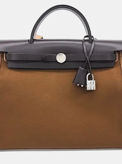 Hermes Herbag Zip 31 Gold Black Canvas Leather Top Handle Bag