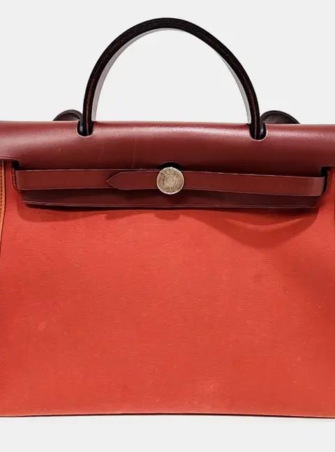 Hermes New Zip Herbag Small Brown Red Canvas Leather Top Handle Bag