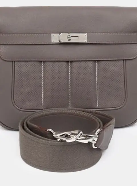 Hermes Berlin Mini Gris Tourterelle Perforated Swift Calfskin Leather Shoulder Bag