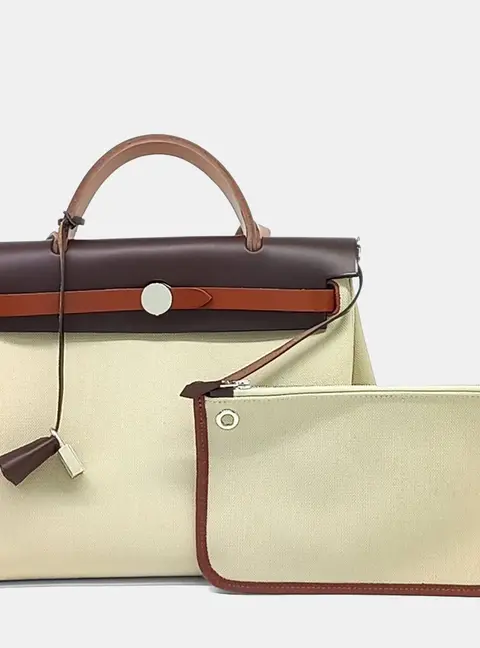 Hermes Herbag Zip 31 Small Beige Canvas Leather Top Handle Bag