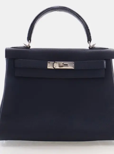 Hermes Kelly 28 Bleu Saphir Togo Calfskin Leather Niloticus Crocodile Top Handle Bag