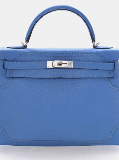 Hermes Kelly 32 Blue Paradise Clemence Calfskin Leather Top Handle Bag