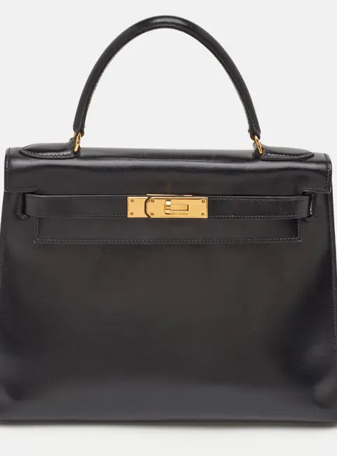 Hermes Kelly Sellier 28 Gold Finish Noir Box Leather Top Handle Bag