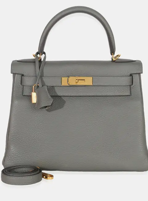 Hermes Kelly Retourne 28 Gris Meyer Clemence Leather Top Handle Bag