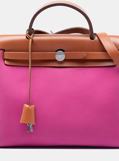 Hermes Herbag Zip 31 Pink Toile H Canvas Brown Hunter Leather Top Handle Bag