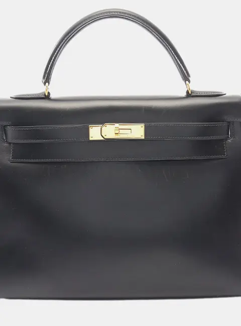 Hermes Kelly Sellier 32 Black Box Calfskin Leather Top Handle Bag