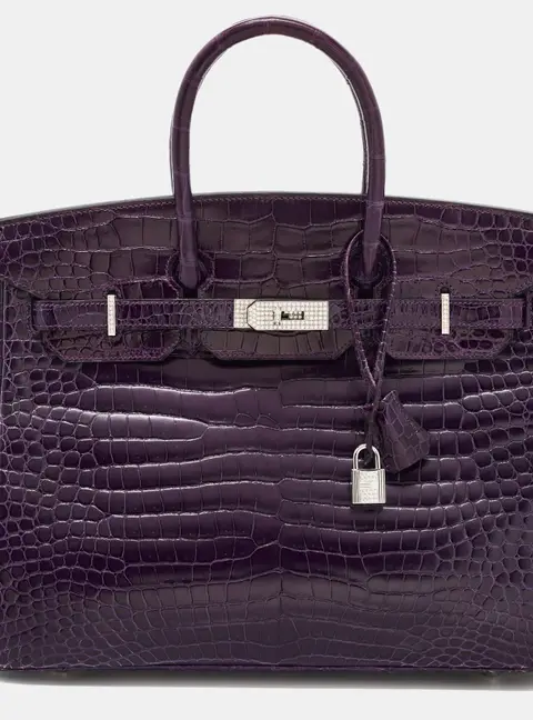 Herm&egrave;s Birkin 35 18K White Gold Diamond Amethyst Porosus Crocodile Tote