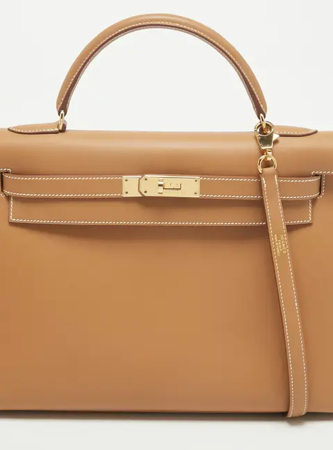 Hermes Kelly Sellier 32 Gold Finish Natural Sable Veau Butler Leather Top Handle Bag