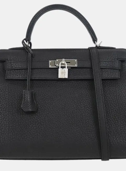 Hermes Kelly Sellier 32 Black Fjord Leather Top Handle Bag