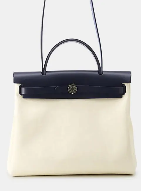 Hermes Herbag Zip PM White Blue Saphir Toile Military Vache Hunter Leather Tote Bag