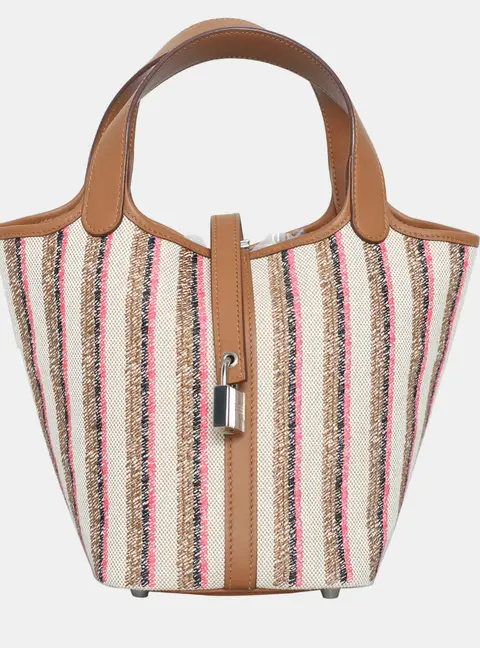 Hermes Picotin Lock 18 Gold Multicolor Canvas Leather Top Handle Bag