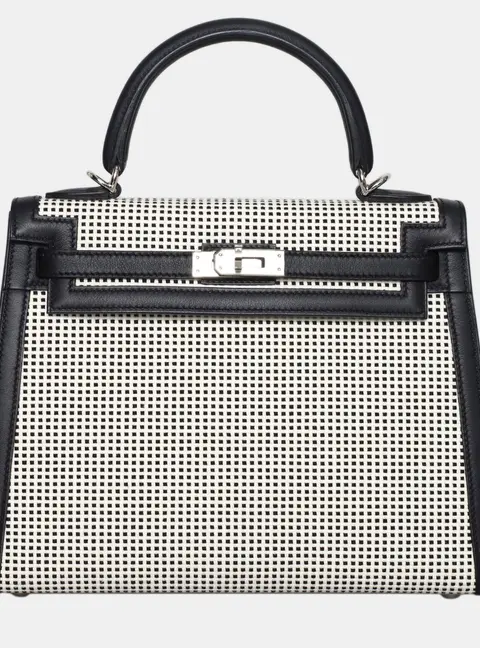 Hermes Kelly 25 Quadrille Black White Calfskin Leather Canvas Top Handle Bag