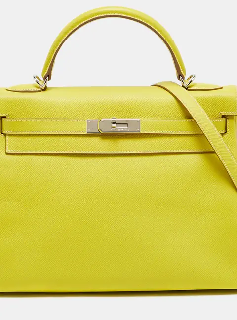 Hermes Kelly 32 Retourne Palladium Finish Lime/Gris Perle Epsom Leather Top Handle Bag