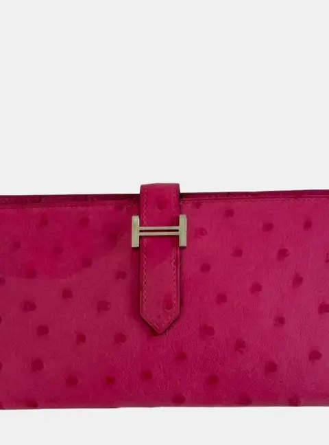 Hermes Bearn Pink Ostrich Leather Wallet Bag