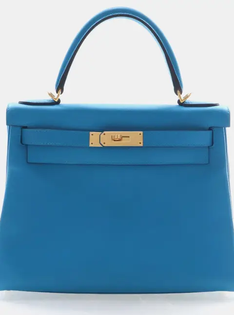 Hermes Kelly 28 Blue Zanzibar Evercolor Leather Top Handle Bag