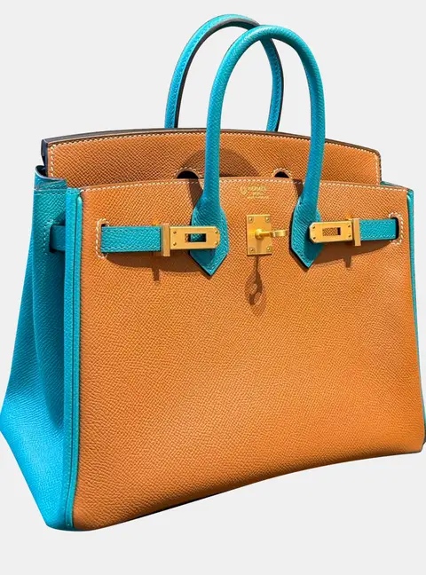 Hermes Birkin 25 Gold Bleu Paon Epsom Leather Top Handle Bag