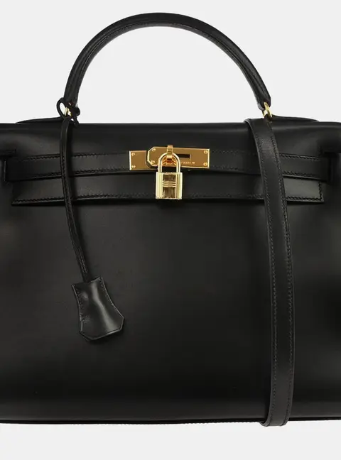 Hermes Kelly 32 Black Box Calfskin Leather Sellier Top Handle Bag
