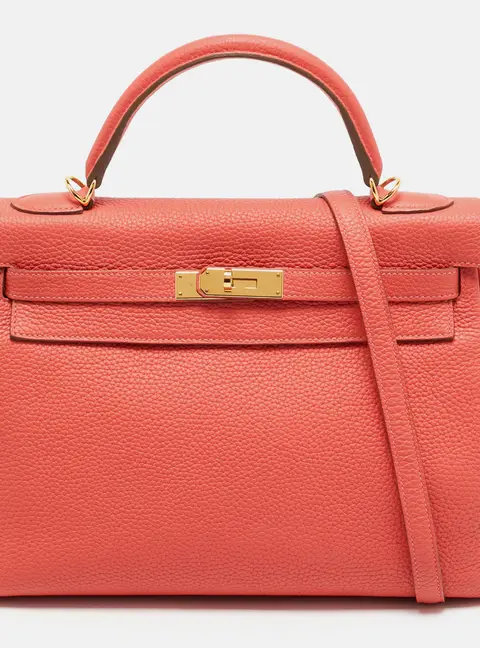 Hermes Kelly Retourne 32 Gold Finish Rouge Pivoine Togo Leather Top Handle Bag
