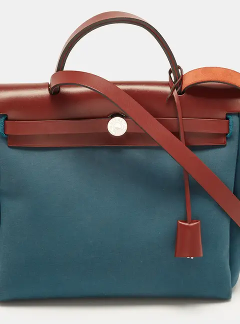 Hermes Herbag 28 Blue Agate/Rouge H Toile and Vache Hunter Top Handle Bag