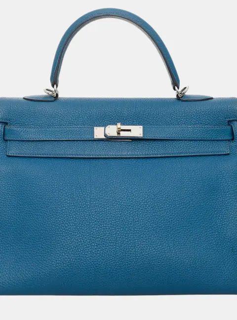 Hermes Kelly 35 Blue Zanzibar Togo Calfskin Leather Top Handle Bag
