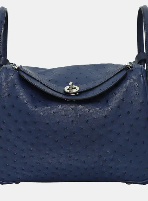 Hermes Lindy 30 Blue Ostrich Leather Top Handle Bag