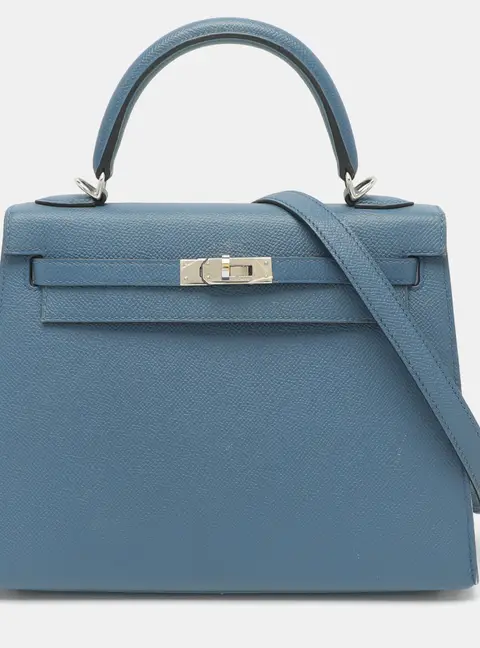 Hermes Kelly Sellier 25 Palladium Finish Blue Thalasa Epsom Leather Top Handle Bag