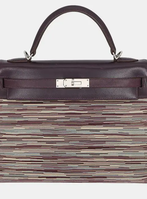 Hermes Kelly Retourne 32 Raisin Vibrato Box Calfskin Leather Top Handle Bag