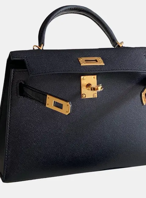 Hermes Mini Kelly II Black Shiny Niloticus Crocodile and Madame Calfskin Leather Top Handle Bag