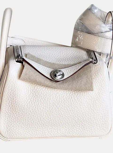 Hermes Mini Lindy Craie Taurillon Clemence Leather Shoulder Bag