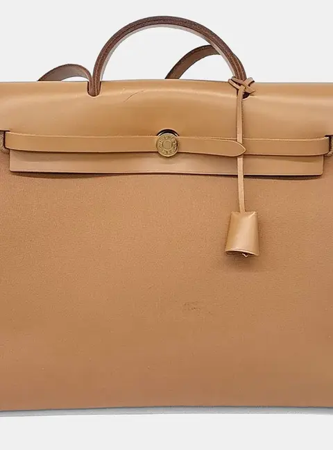 Hermes New Zip Herbag Large Brown Fabric Calfskin Leather Top Handle Bag