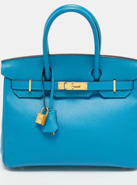 Hermes Birkin 30 Gold Finish Bleu Zanzibar Epsom Leather Tote